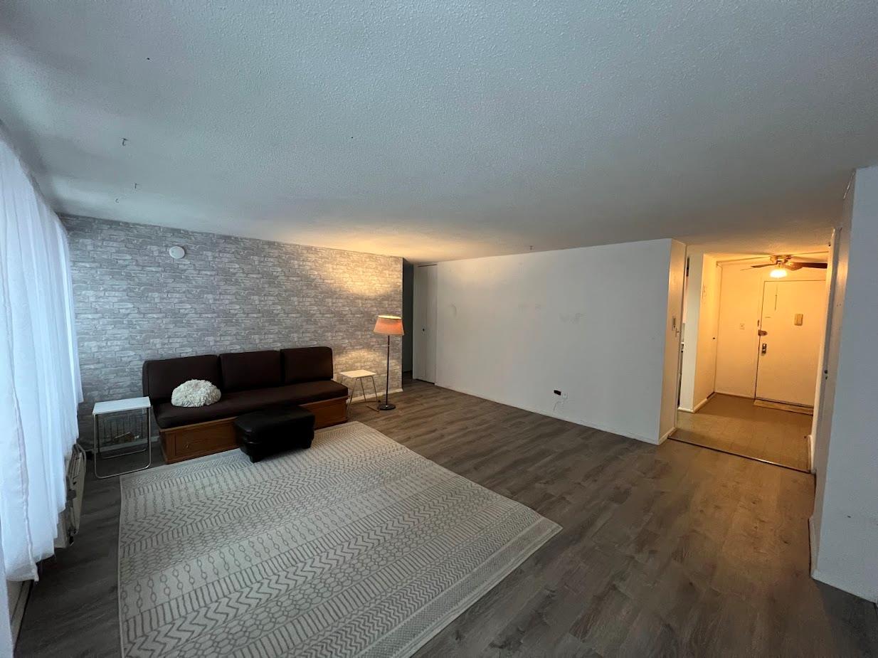 a living room with a fireplace and a rug