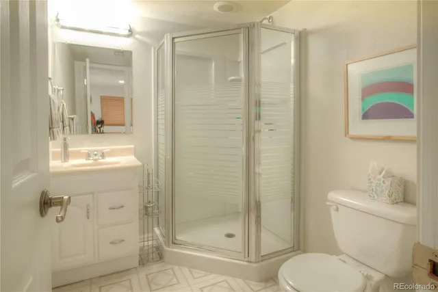 a bathroom with a toilet shower vanity and a sink
