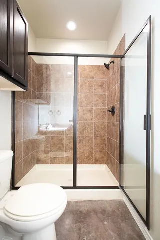 a bathroom with a shower and a toilet