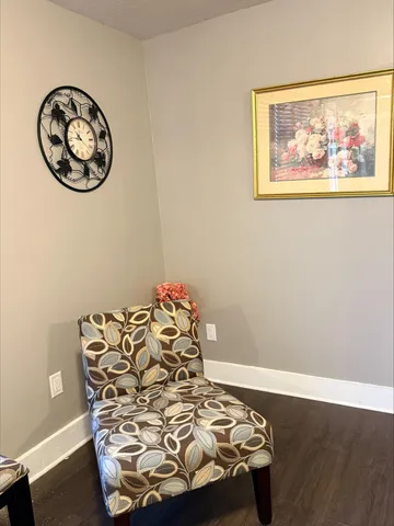 a view of a wooden bench in a room