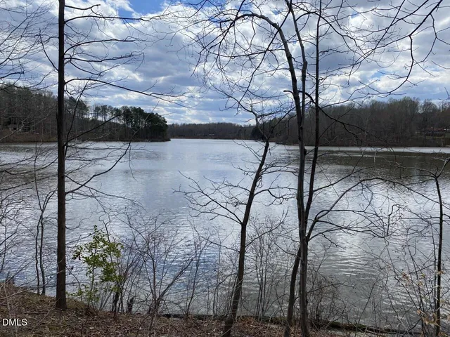 a view of a lake with houses in the background