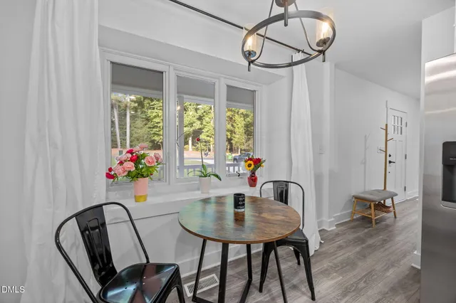 a view of a dining room with furniture window and outside view