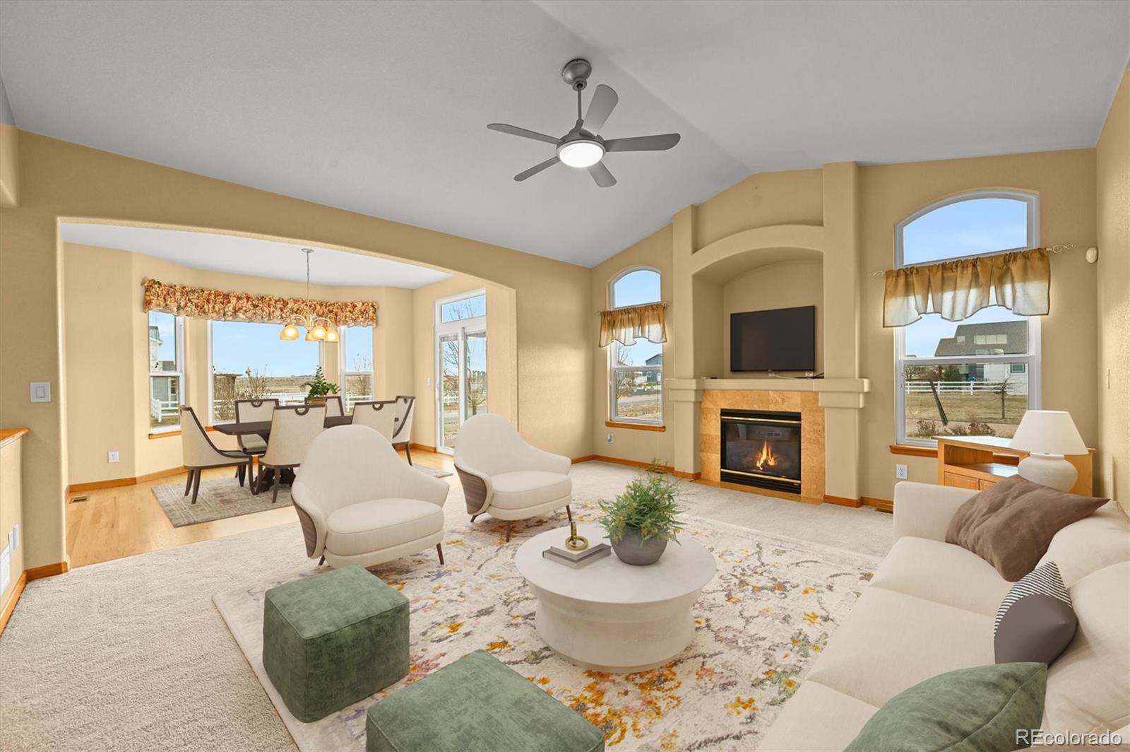 16231 Rayburn Street Hudson, CO 80642 - Photo 11 of 50 a living room with furniture a fireplace and a flat screen tv