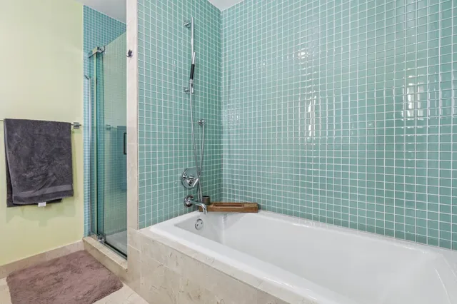 a bathroom with a bathtub and a shower