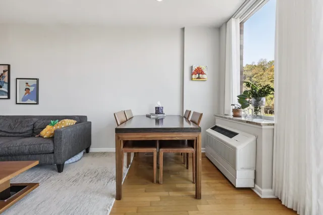 a dining room with furniture and a window