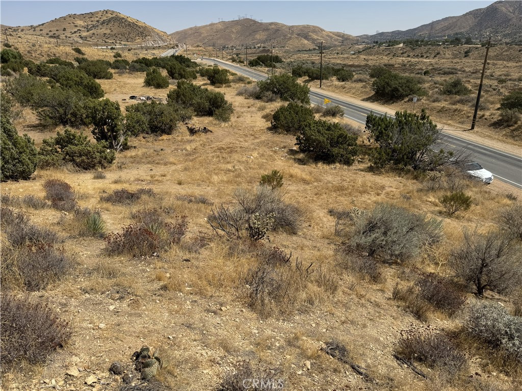 a view of a dry field with mountains in the background