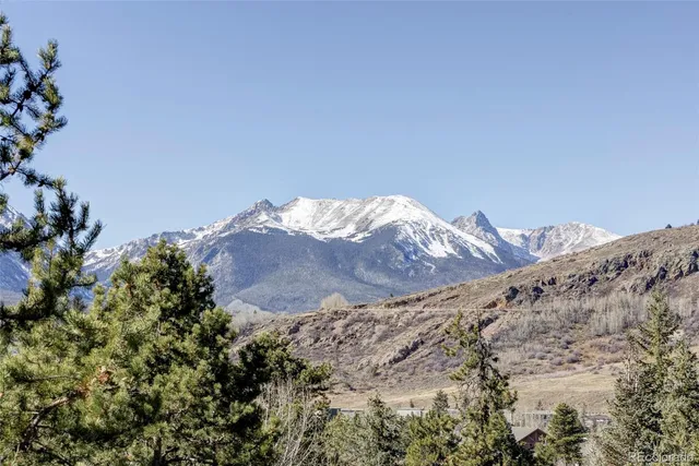 a view of a dry yard with mountains in the background