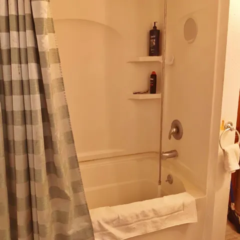 a bathroom with a bathtub and a shower