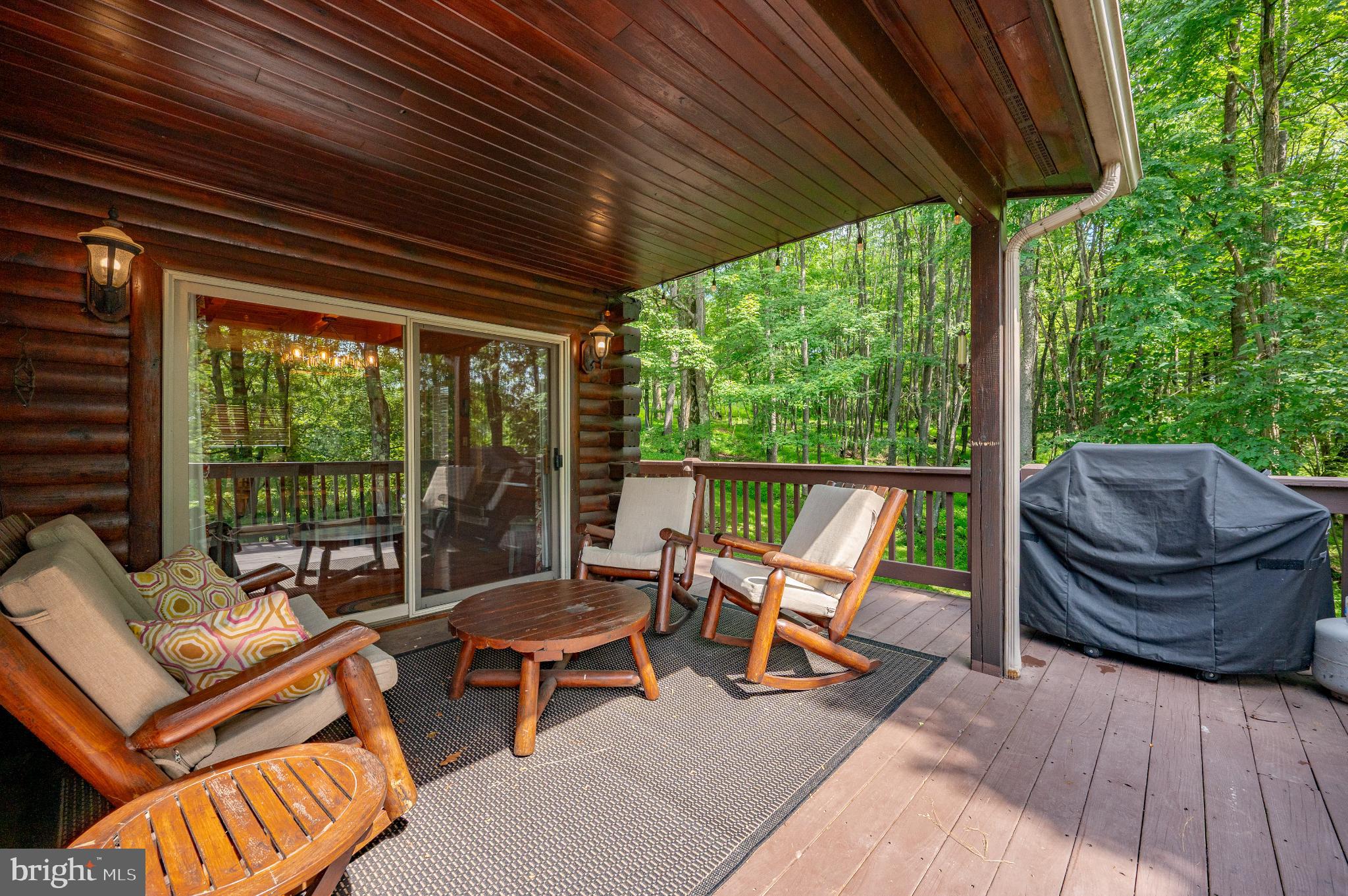 615 Sandy Shores Road Oakland, MD 21550 - Photo 85 of 103 Serene log cabin porch amidst lush greenery.