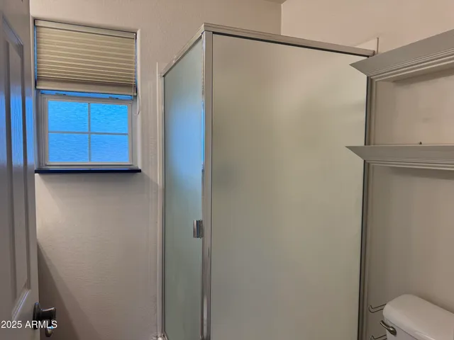 a bathroom with a shower and a toilet