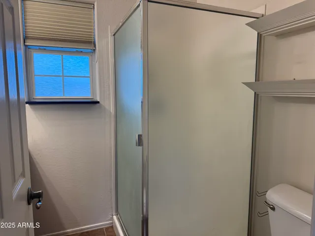 a bathroom with a shower and a toilet