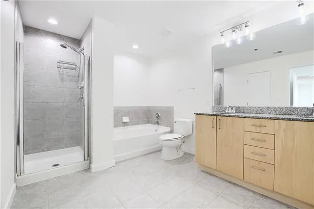 a bathroom with a granite countertop sink a toilet and shower