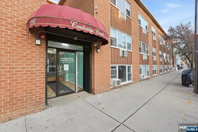 a view of a building with a door