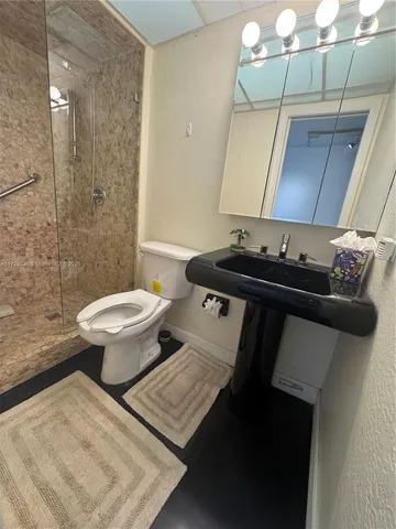 a bathroom with a sink a toilet and mirror