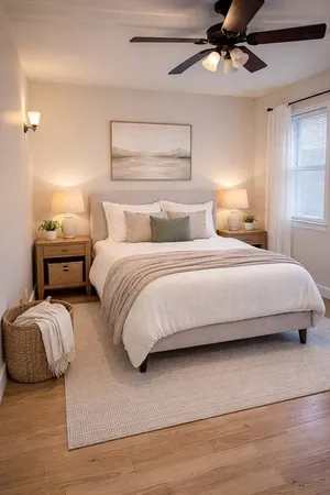 a bedroom with bed and a chandelier