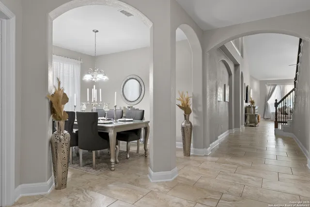a view of a dining room with furniture