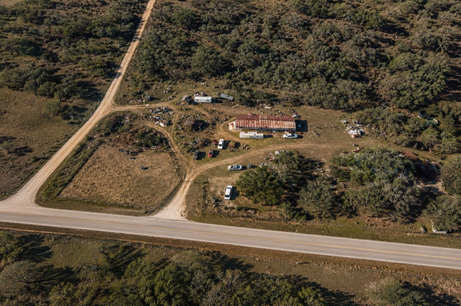 9880 Dix Road Kingsbury, TX 78638 - Photo 38 of 39 Aerial view of the property with nearby road access and open land areas, enhanced from Google Earth imagery.