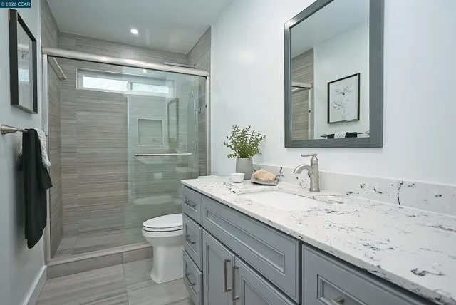 a bathroom with a sink a toilet and a mirror