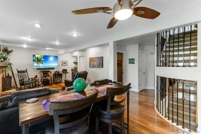 a view of a dining room with furniture