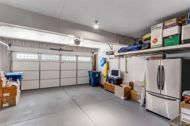 a view of a garage with storage