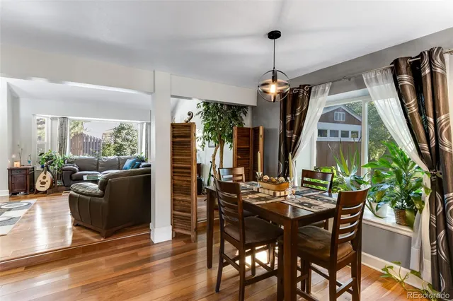 a view of a dining room with furniture window and wooden floor