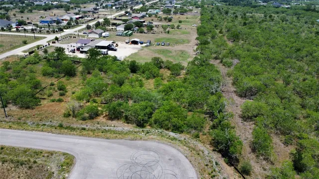 an aerial view of residential houses with outdoor space and trees