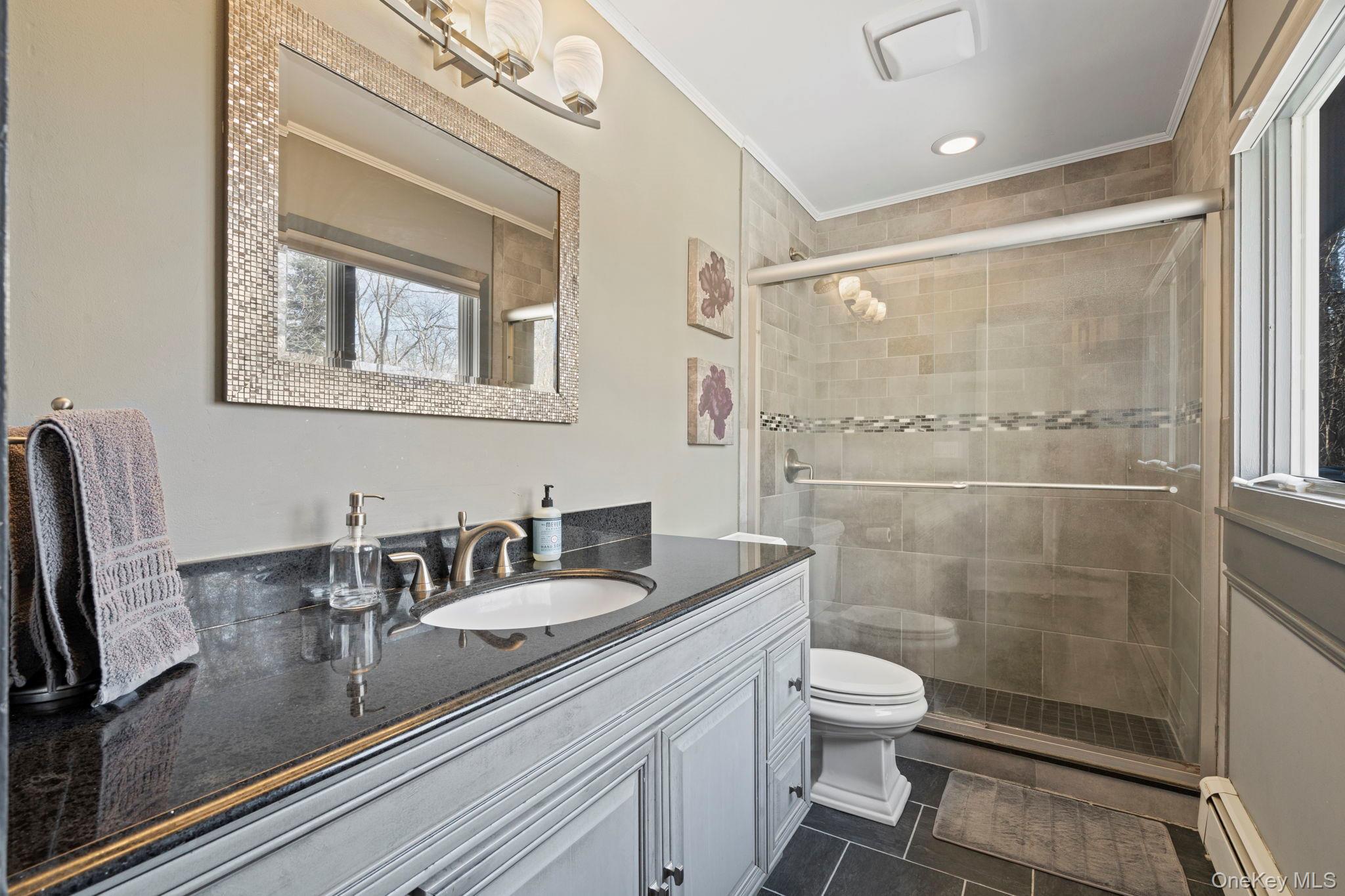 25 Cliff Road West Wading River, NY 11792 - Photo 13 of 35 a bathroom with a granite countertop sink a toilet a mirror and shower