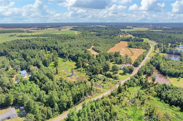 an aerial view of residential houses with outdoor space and trees