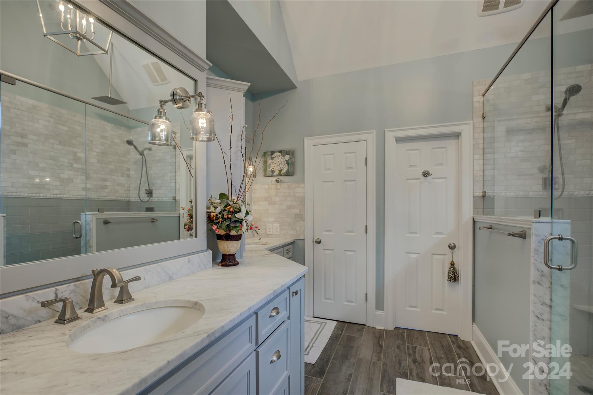 125 Clearview Road Rock Hill, SC 29732 - Photo 19 of 48 a bathroom with a granite countertop sink a mirror and shower