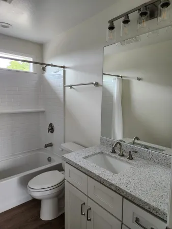 a bathroom with a granite countertop sink a toilet and shower