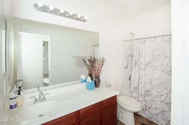 a bathroom with a sink a toilet and shower curtain