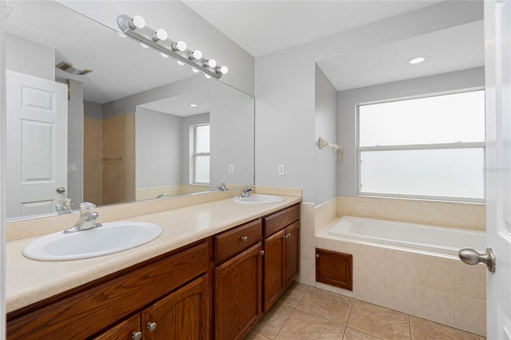 11708 Willmington Boulevard Port Charlotte, FL 33981 - Photo 27 of 41 a bathroom with a granite countertop sink a large mirror and a bathtub