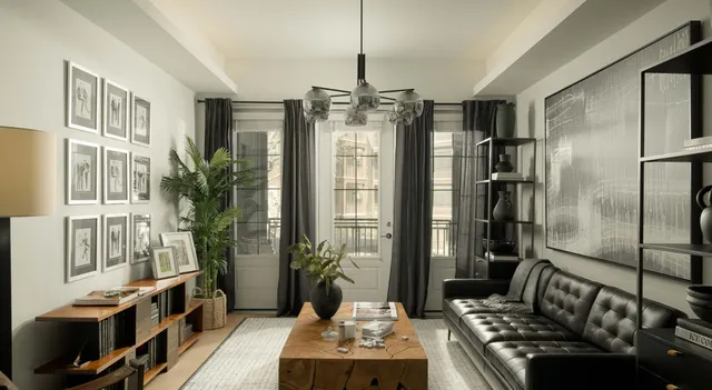 a living room with furniture and a chandelier