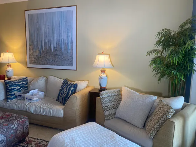 a living room with furniture and a lamp