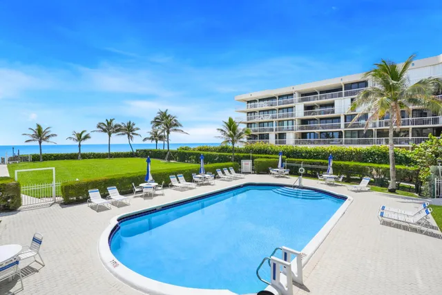 a view of a swimming pool with a patio and a garden