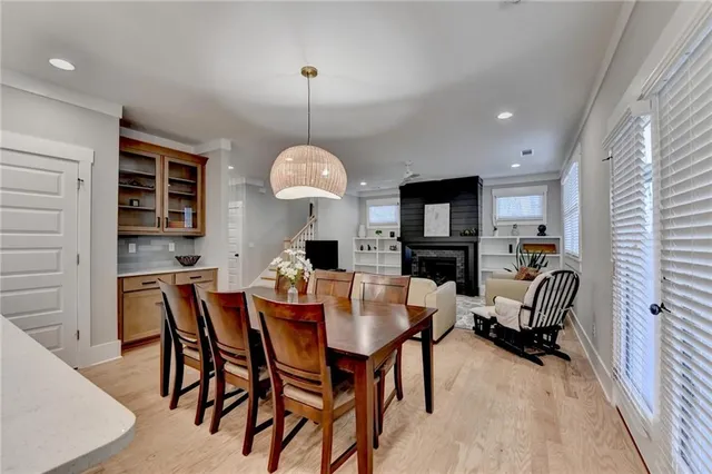 a view of a dining room with furniture