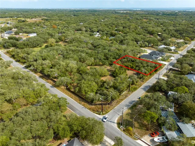 an aerial view of residential houses with outdoor space and trees