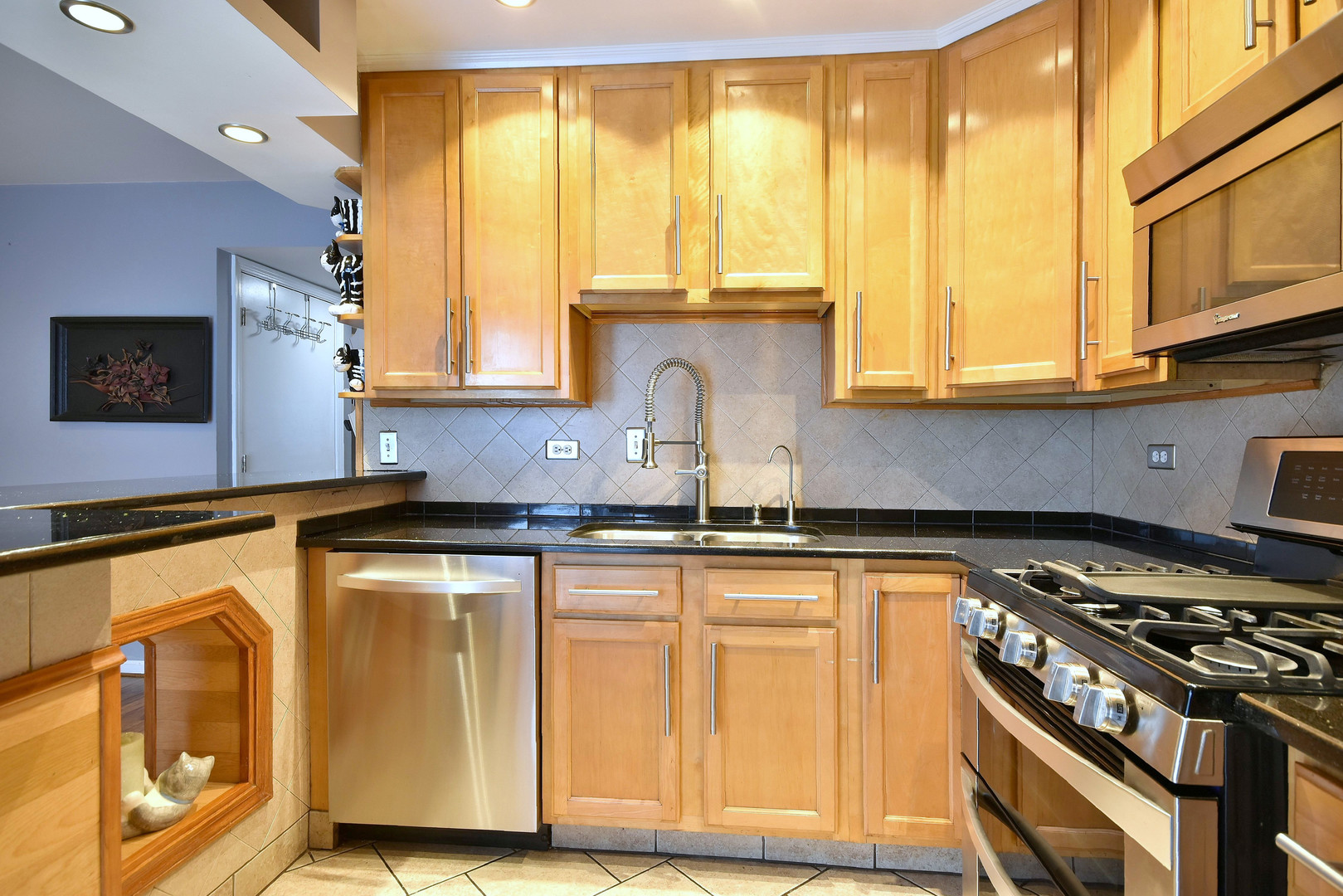 260 Rodenburg Road Roselle, IL 60172 - Photo 17 of 39 a kitchen with stainless steel appliances granite countertop a stove a sink and a microwave