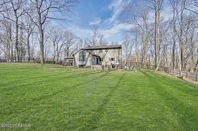 a view of a park with large trees