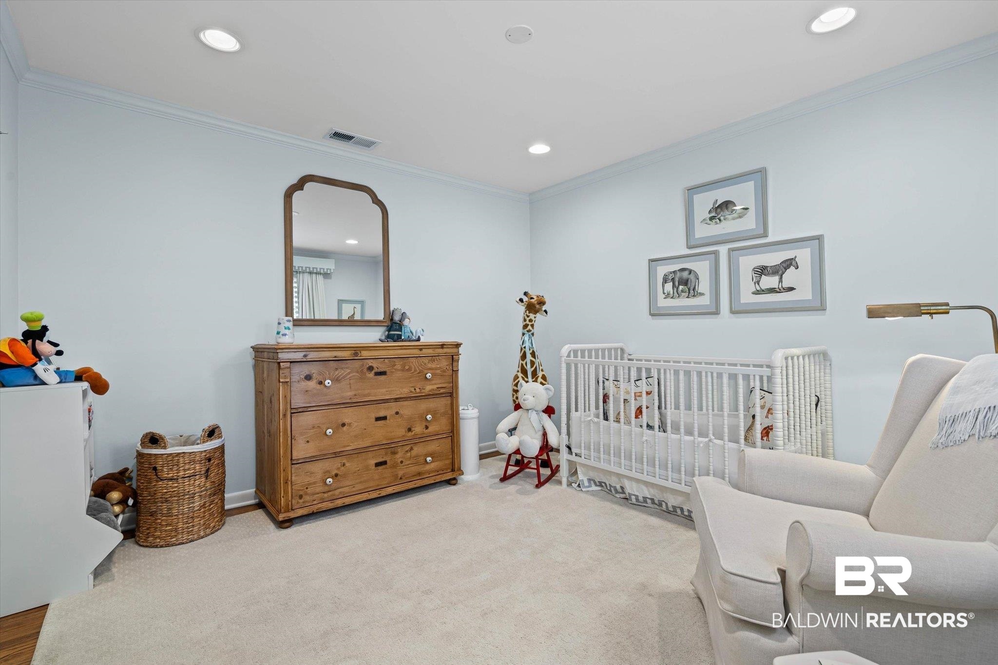 513 Spring Park Drive East Mobile, AL 36608 - Photo 27 of 44 Bedroom featuring crown molding, carpet floors, recessed lighting, and a crib