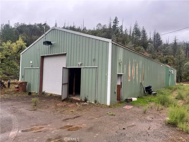 a view of a yard with trees in the background