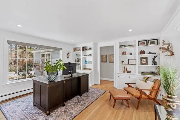 a living room with furniture and a potted plant