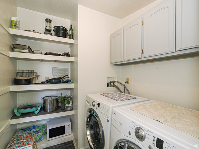 94 Spring Canyon Road Coalville, UT 84017 - Photo 39 of 50 Laundry area featuring built-in shelving, white overhead cabinetry, and appliance connections
