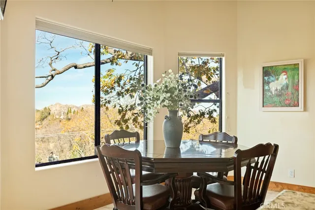 a view of a dining room with furniture a potted plant and a painting