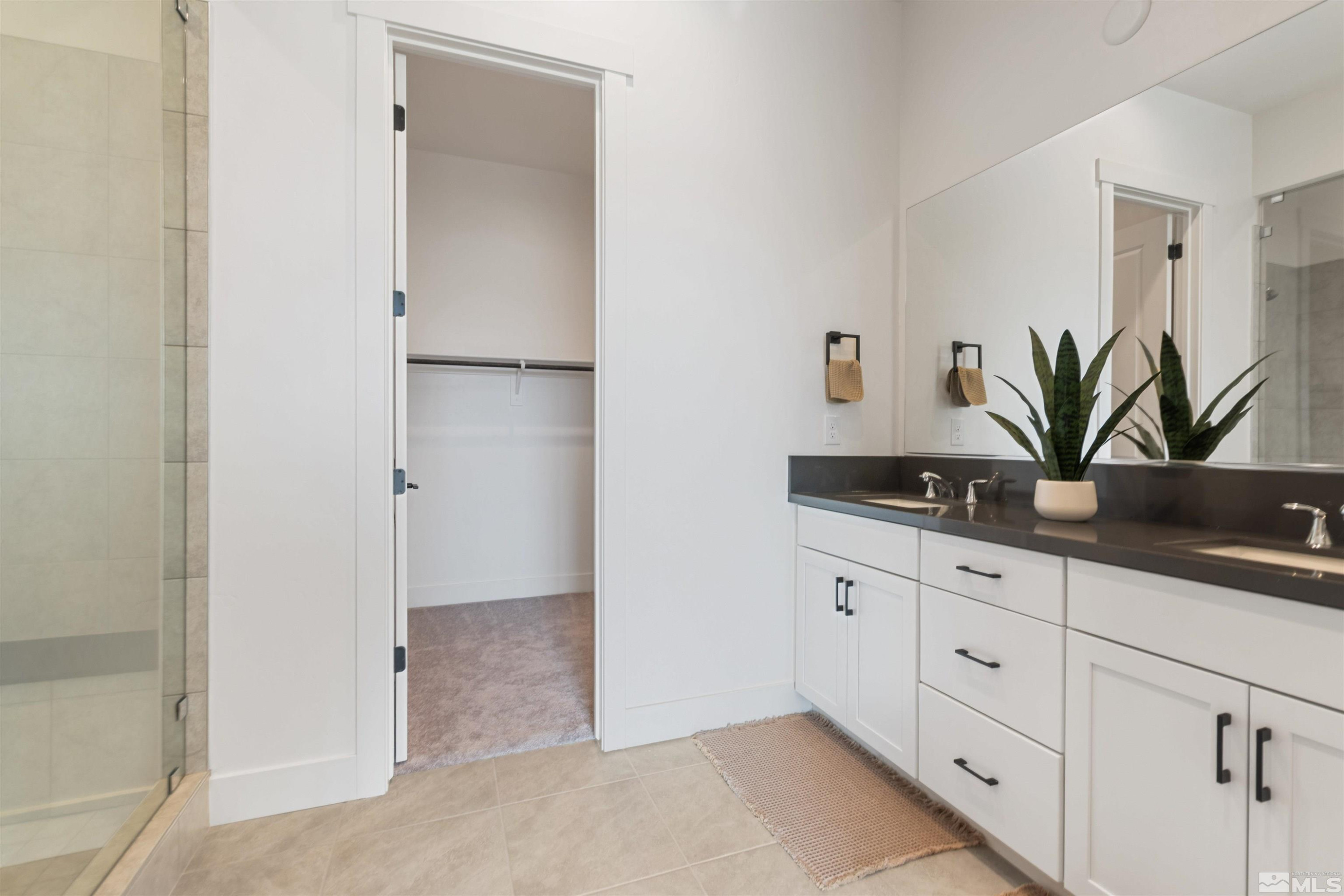 9110 Wild Skies Way Reno, NV 89523 - Photo 42 of 46 a bathroom with a granite countertop sink a potted plant and a mirror