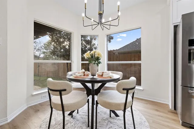 a view of a dining room with furniture window and wooden floor