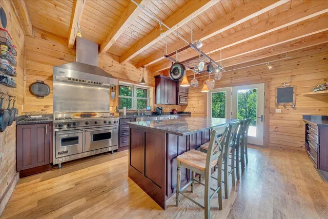 a view of a patio with couches table and chairs under an umbrella