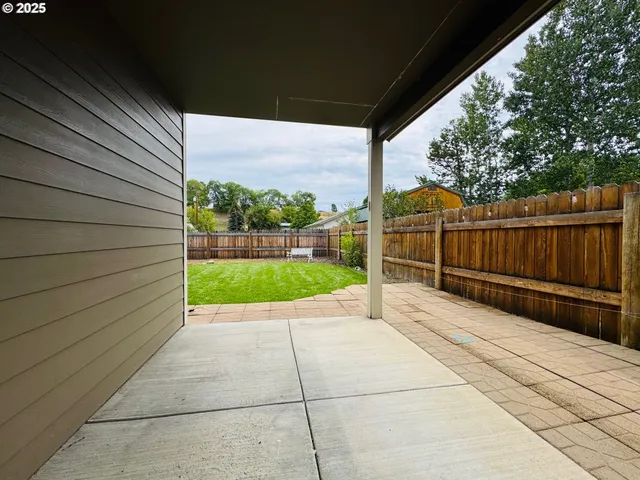 a view of a garden with a large trees in the background