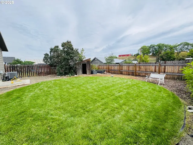 a view of a backyard with a small cabin