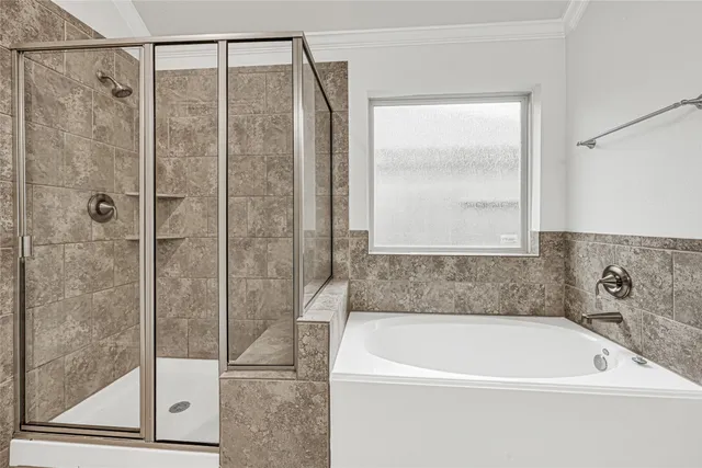 a bathroom with a bathtub and a shower